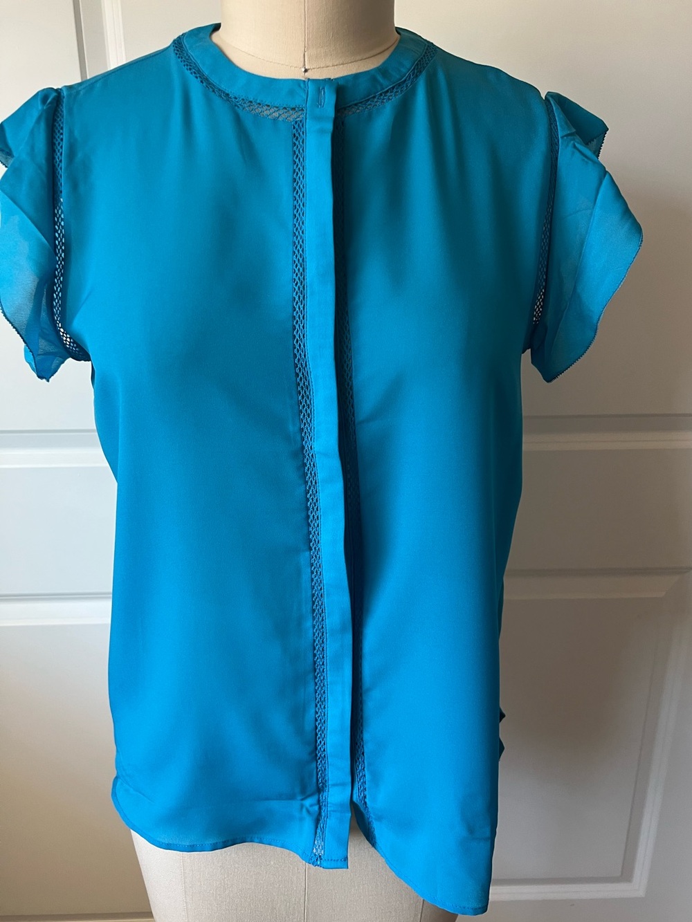 Zara Basic Teal Blue Flutter Sleeve Crochet Lace Trim Blouse
